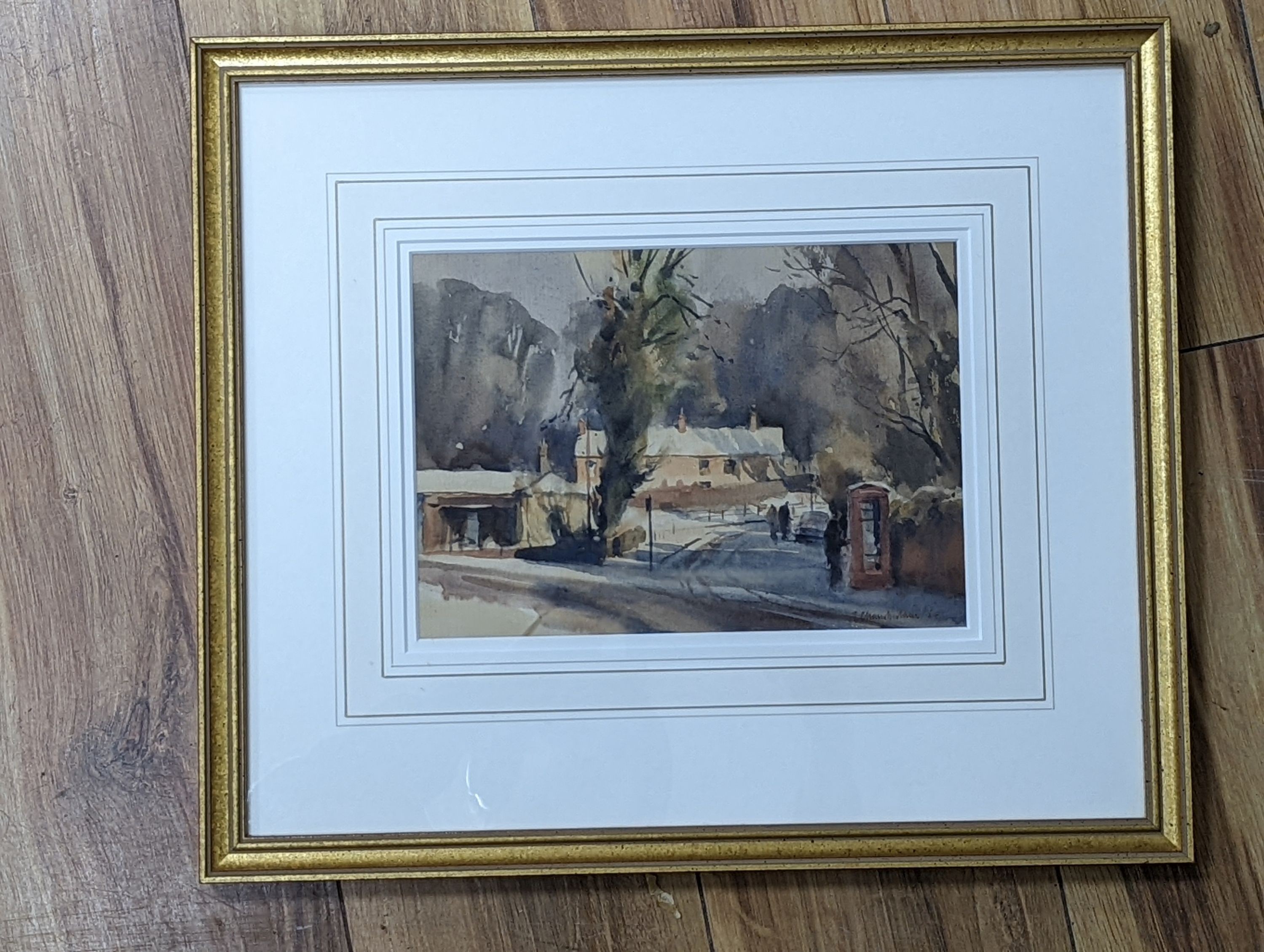Trevor Chamberlain RSMA ROI (1933-), watercolour, 'Snow at Hertingfordbury', signed, 17 x 25cm